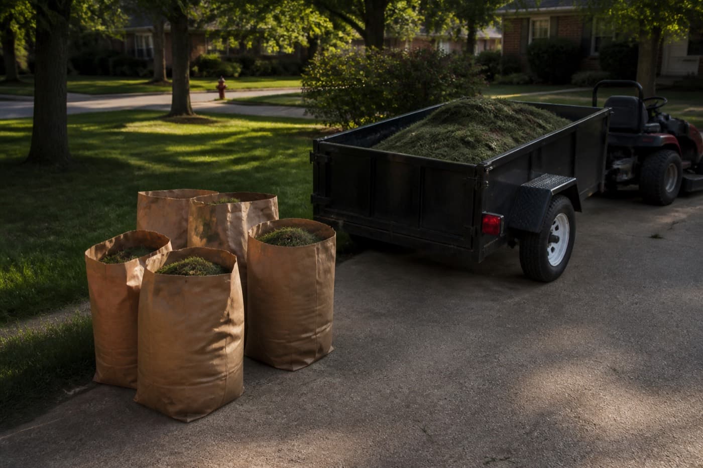 Yard-waste bags and a trailer of clippings on a driveway