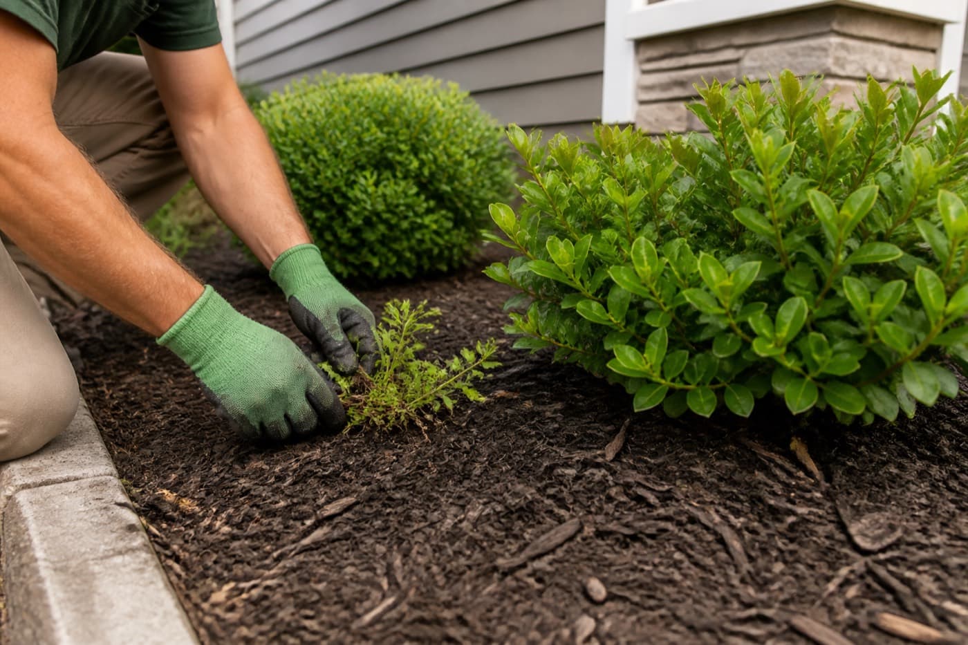 Hands weeding a mulched landscape bed beside a suburban lawn