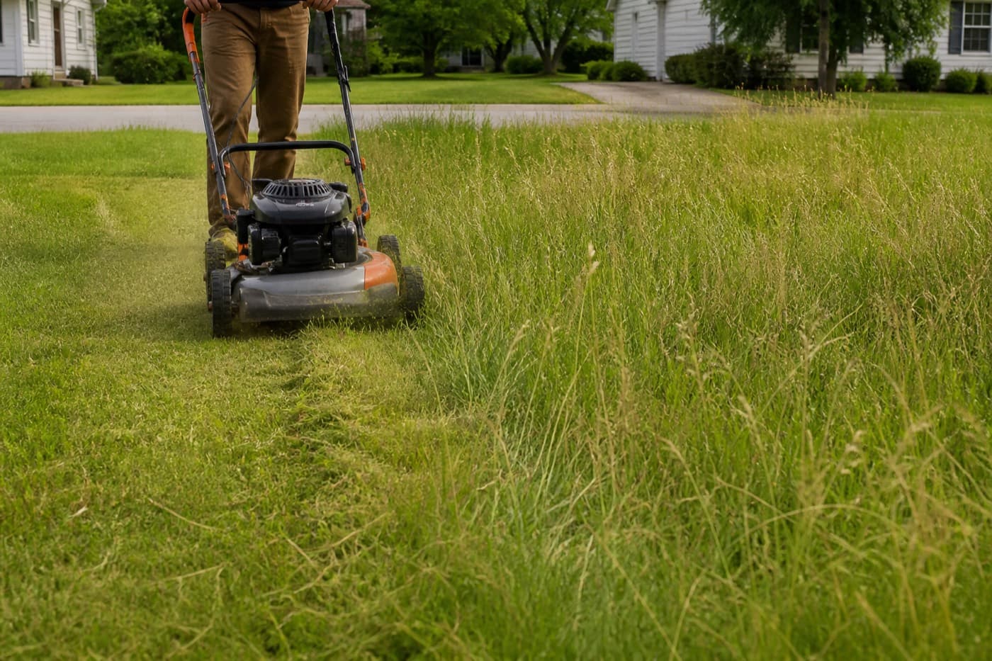 Overgrown lawn with a first-cut strip of short grass