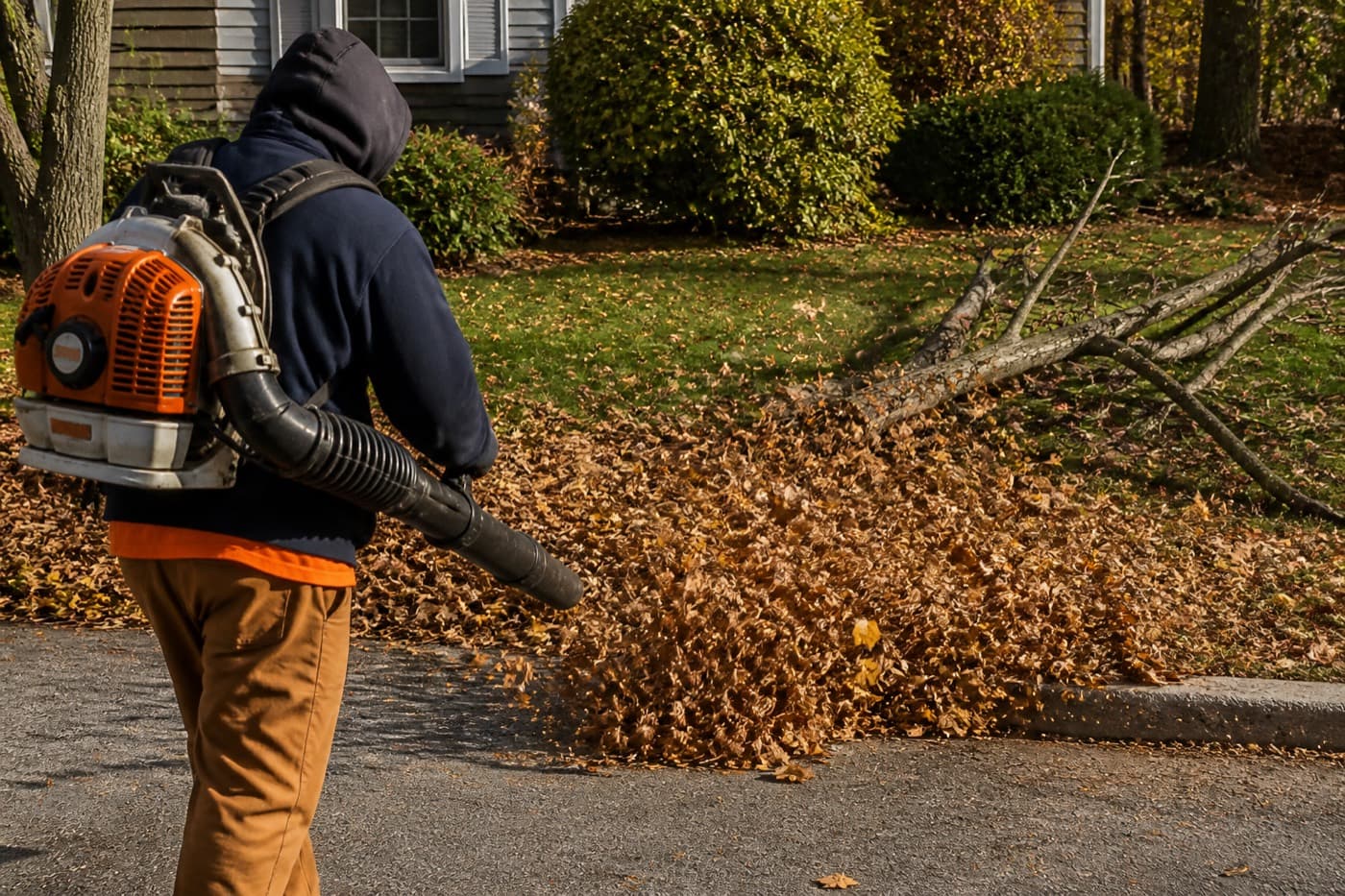 Leaf pile being blown toward the curb after a storm