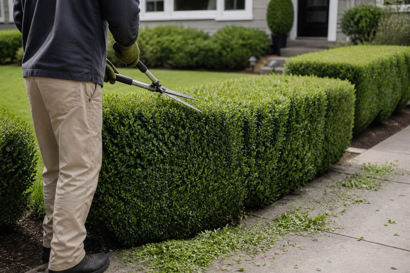Landscaper trimming a hedge along a front walk