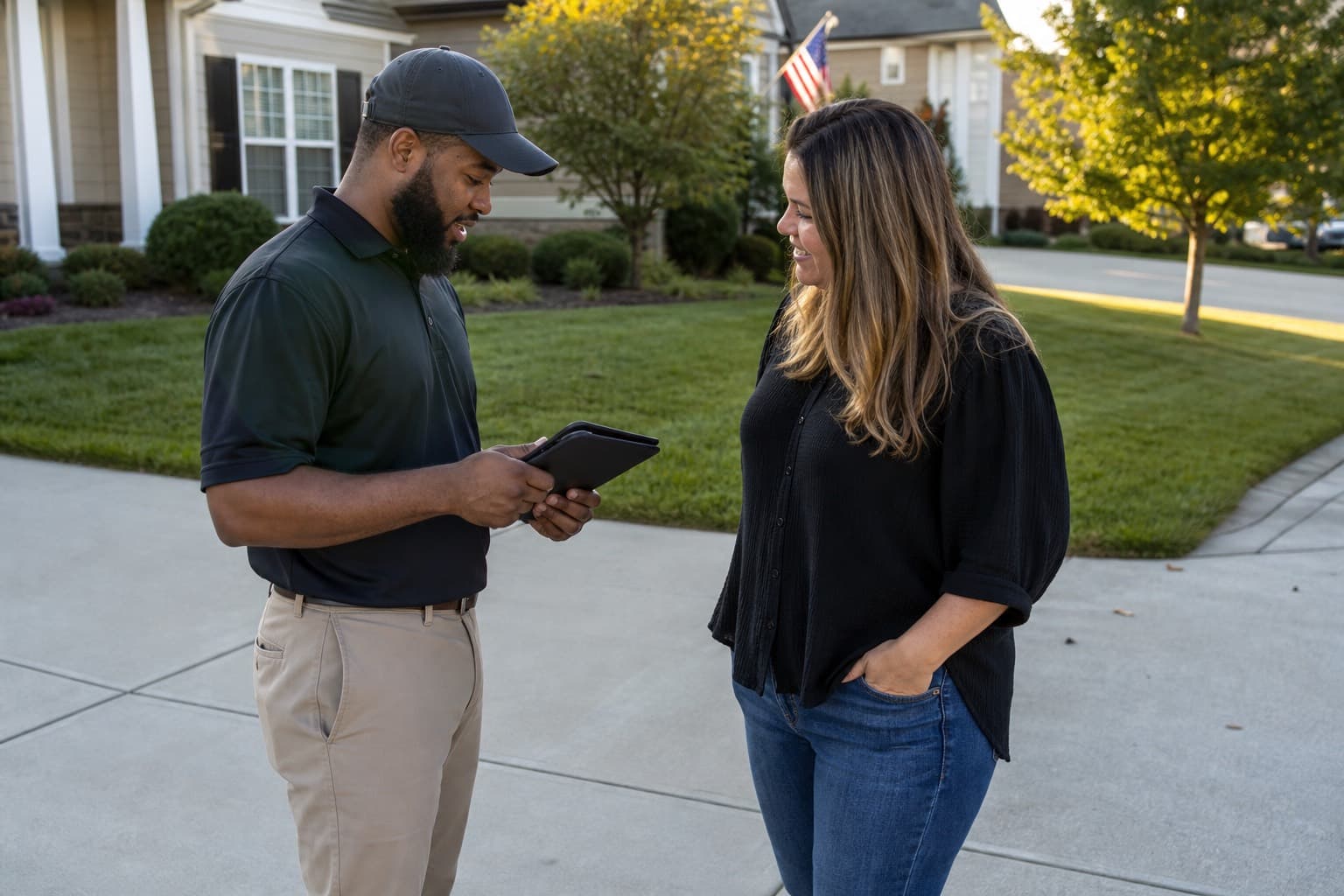 Estimator reviewing a suburban lawn with a homeowner in the driveway