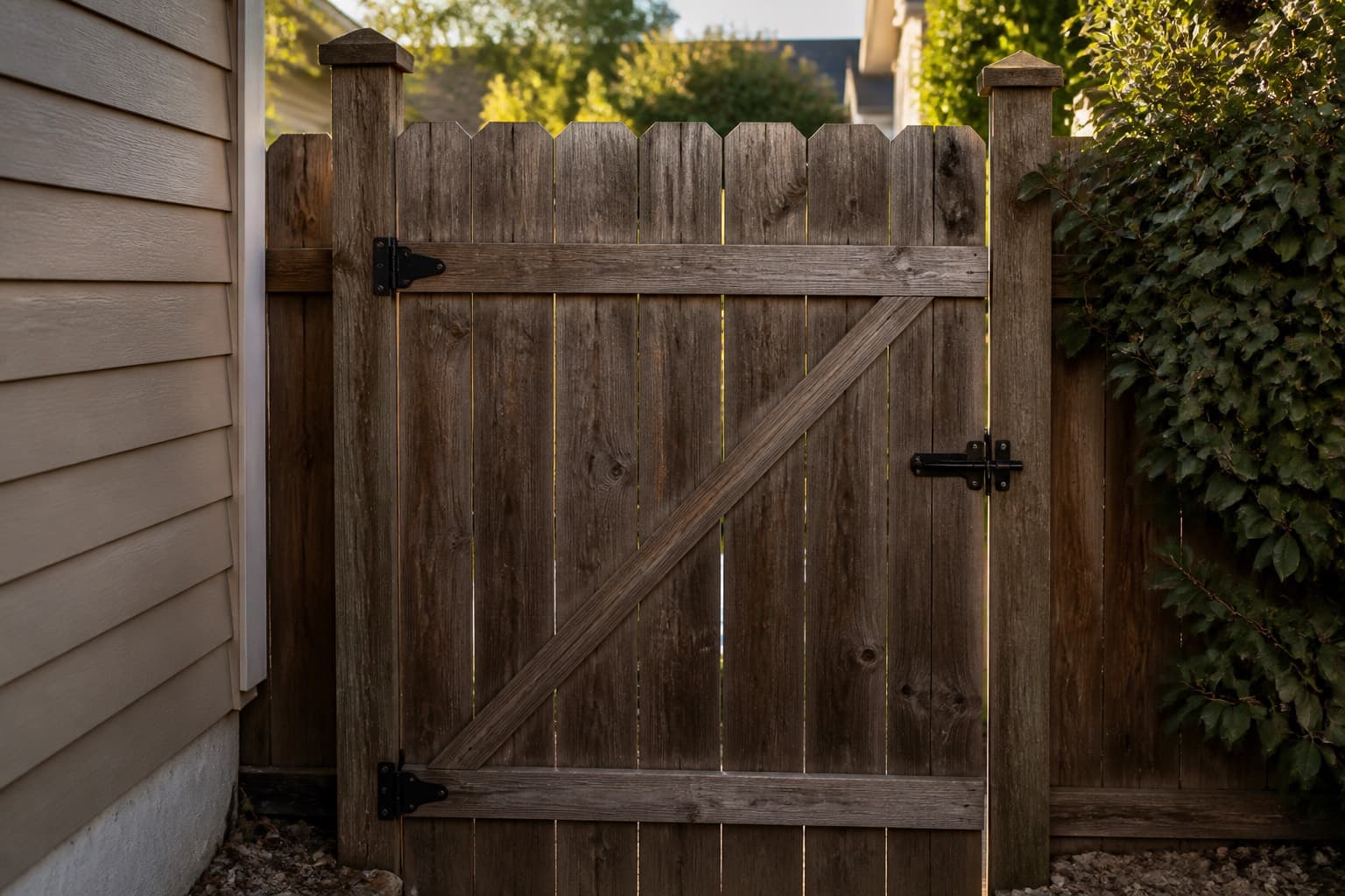 Closed residential side gate with a lockbox on a lawn care route