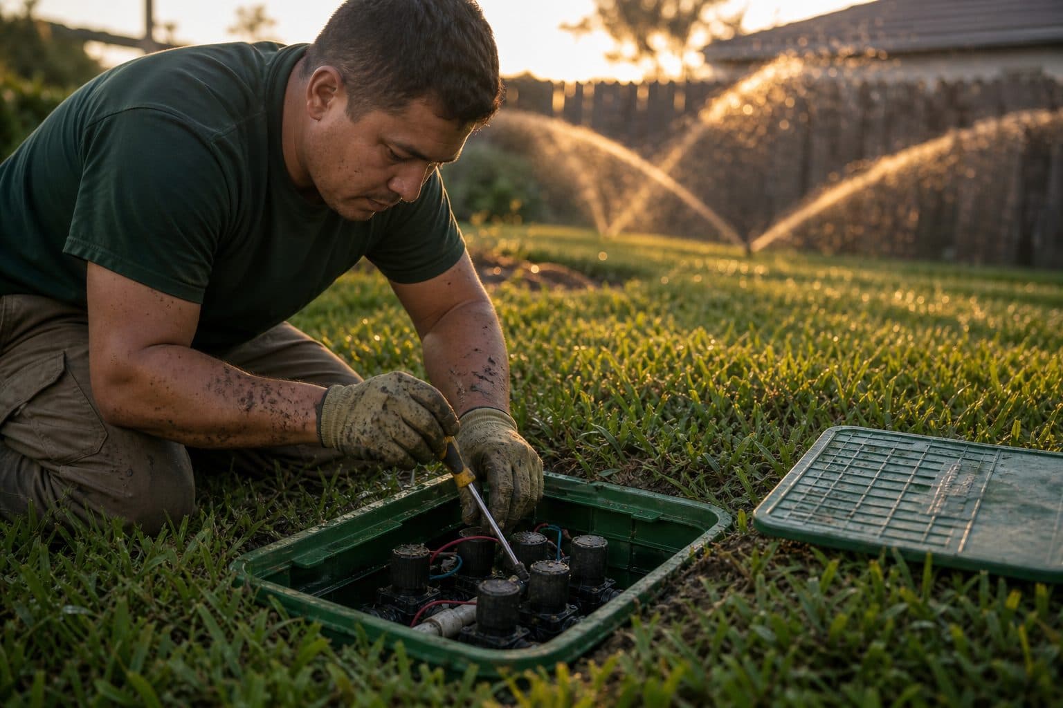 Irrigation technician adjusting valves in an open box while sprinklers run