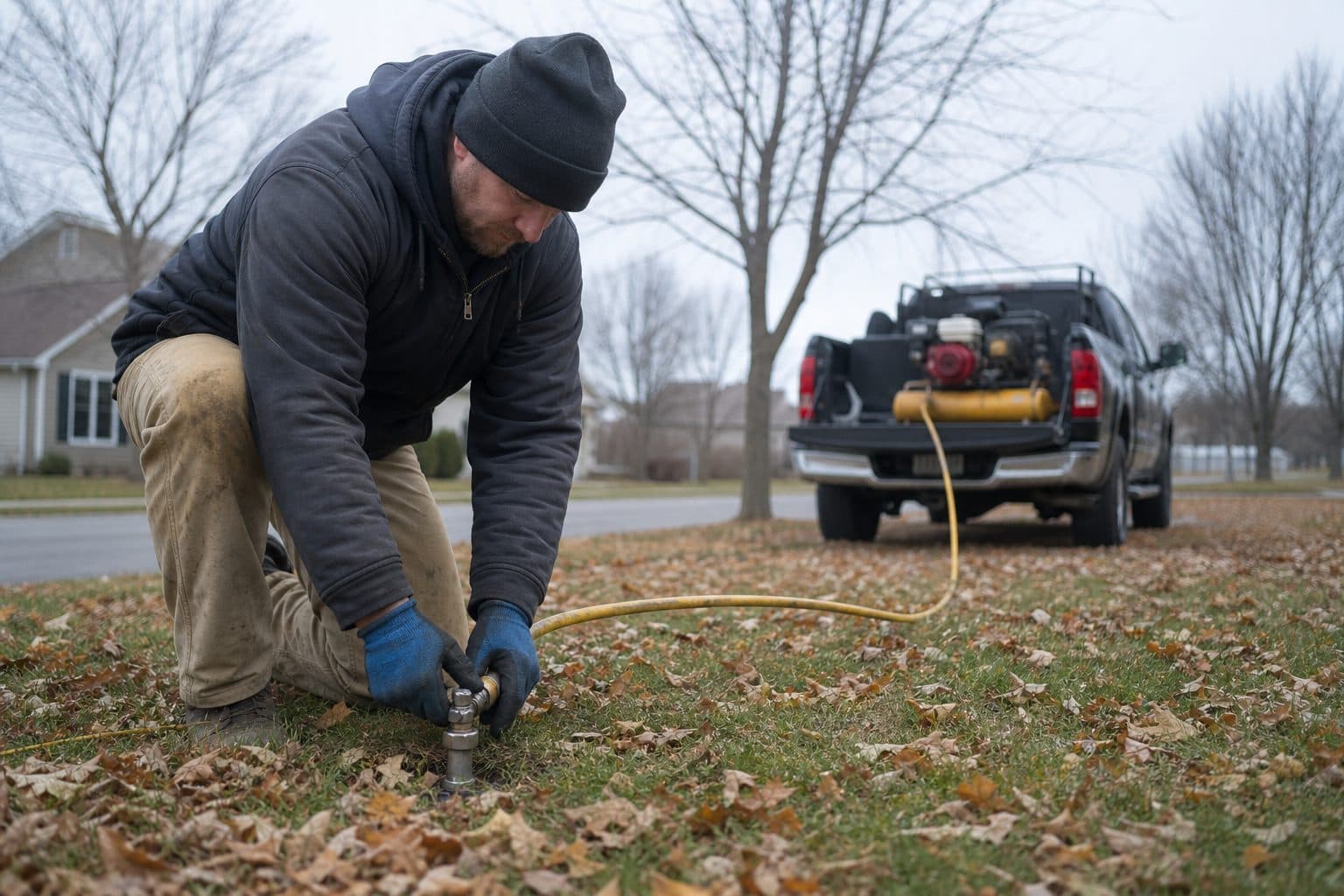 Irrigation technician connecting a compressor hose for a fall winterization blowout