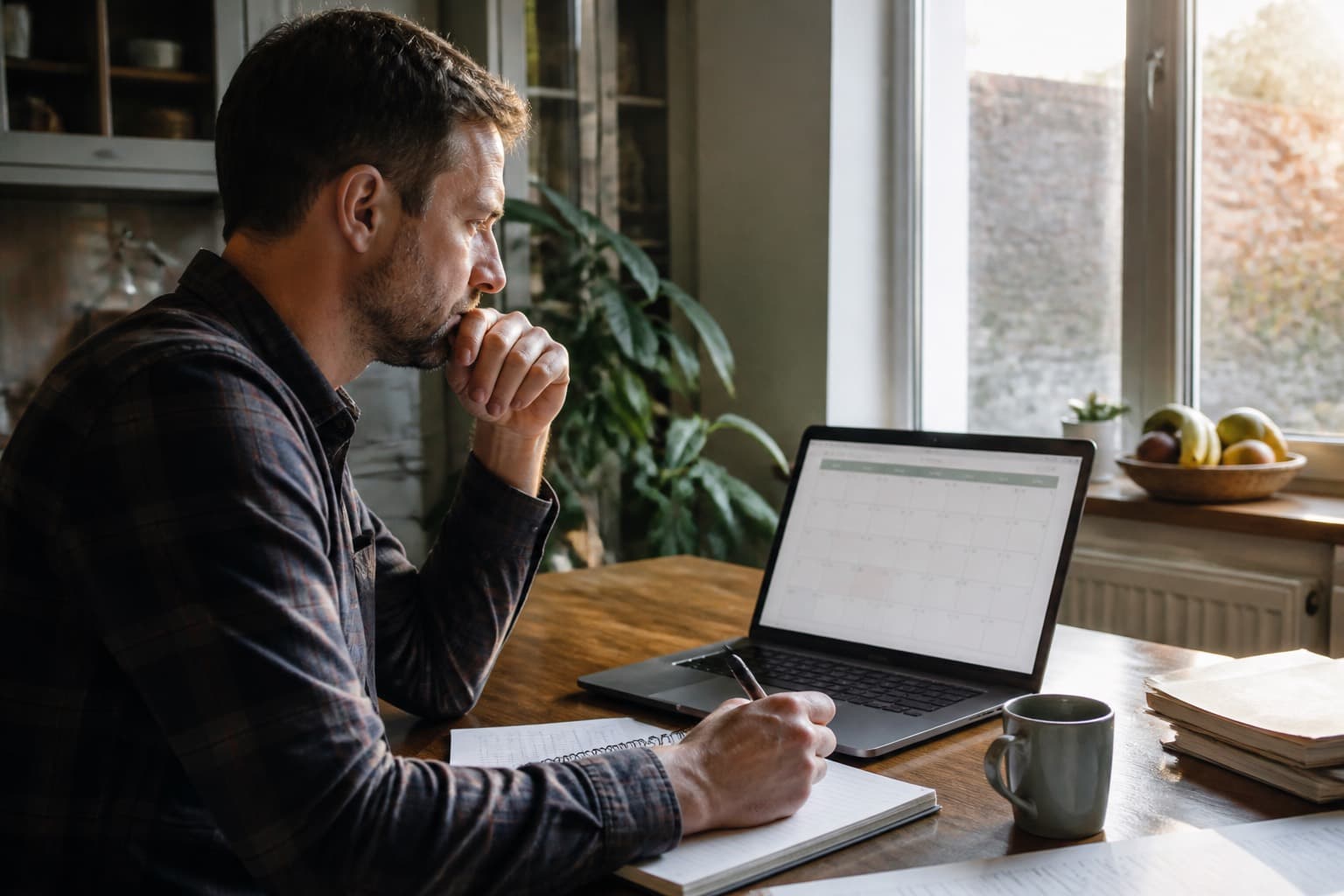 Owner working a laptop calendar at a kitchen table