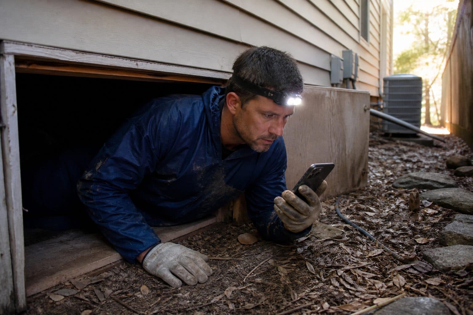 Pest technician at a crawlspace access door checking a phone between treatments