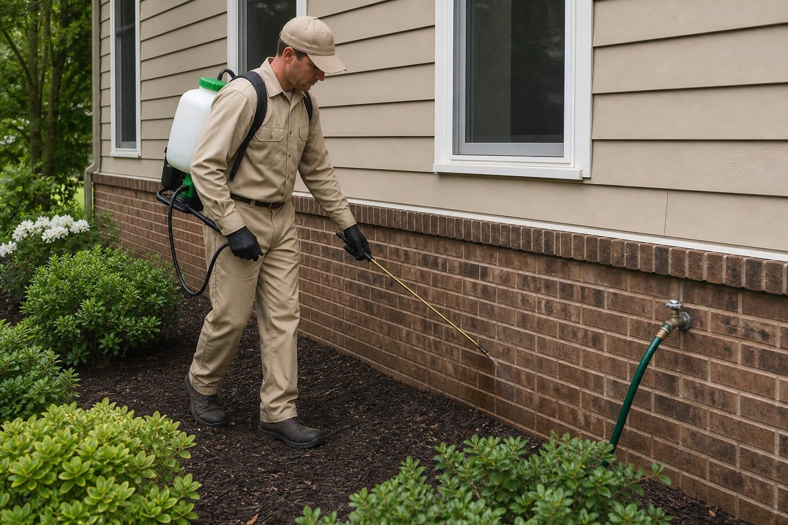 Pest control technician treating the foundation of a suburban house with a backpack sprayer