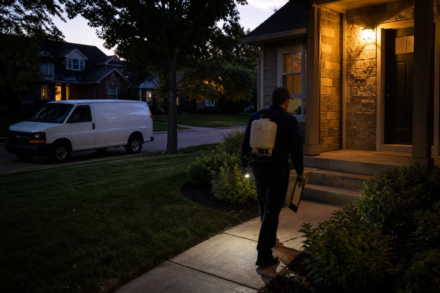 Pest control technician walking a suburban front walk at dusk with a clipboard