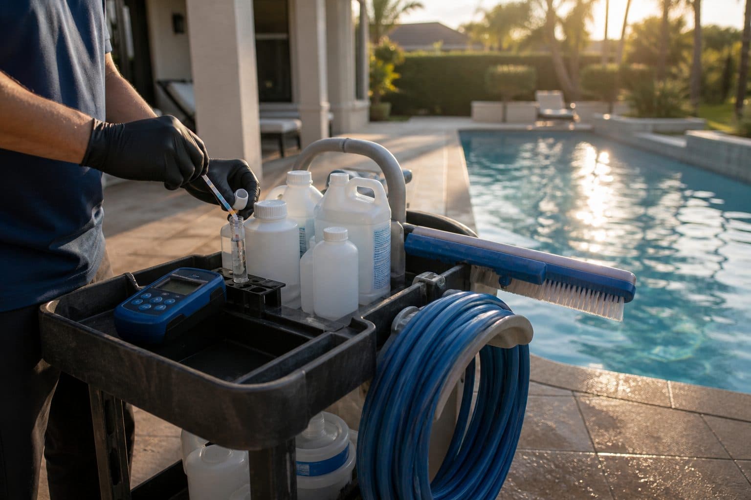 Pool service cart with a test kit and chemicals on a wet patio beside a residential pool