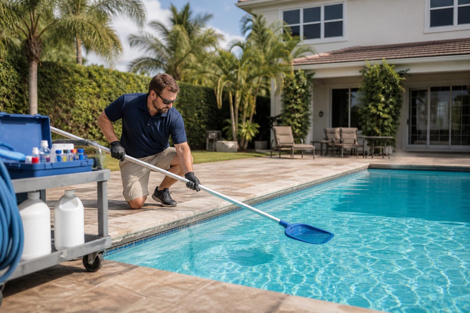 Pool technician skimming a residential backyard pool on a weekly service stop