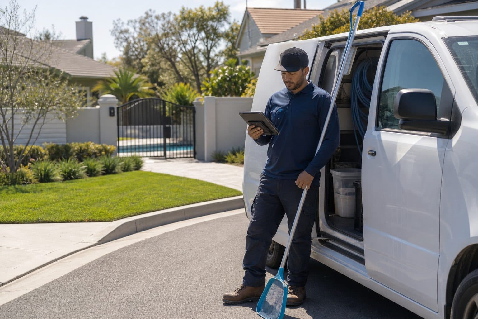 Pool technician checking a tablet beside a service van on a suburban street