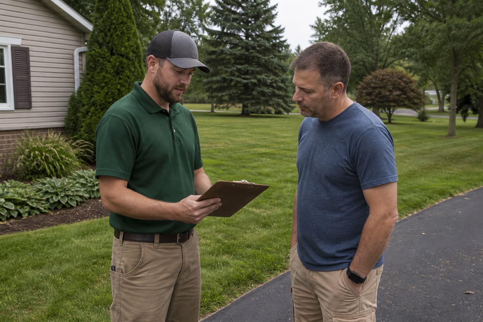 Lawn care owner talking with a homeowner at the edge of a driveway
