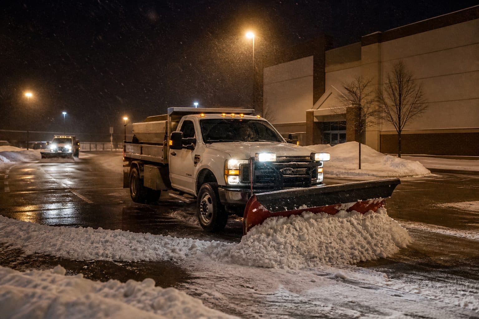 Night snow removal in a commercial parking lot under amber lights