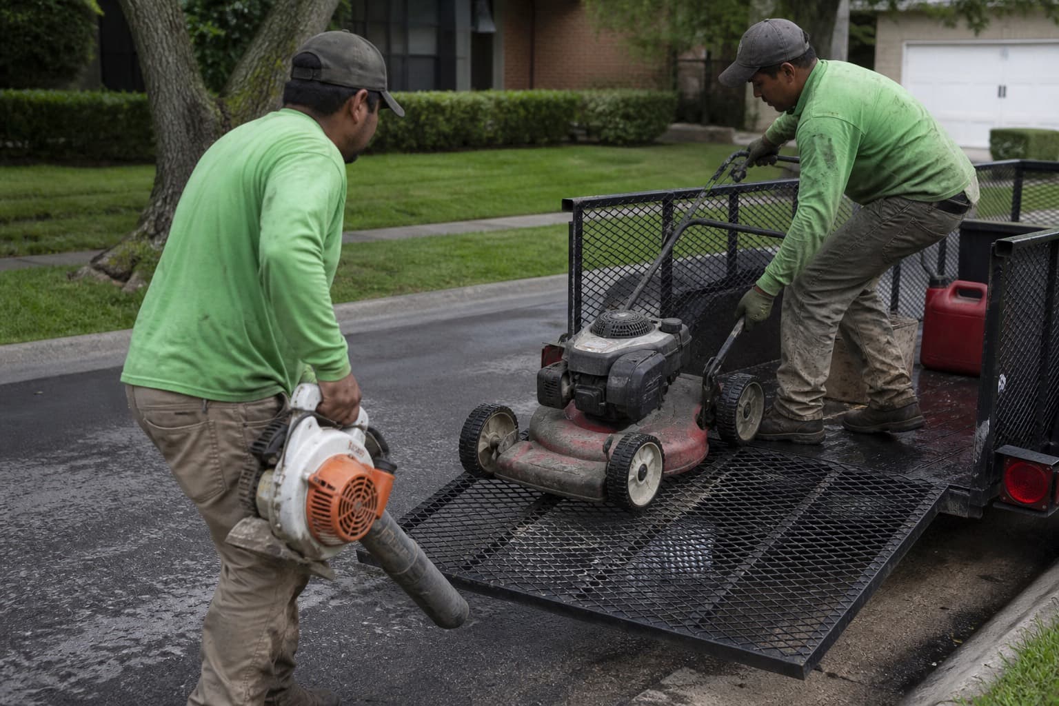 Two-person lawn care crew loading a mower onto a trailer at the curb