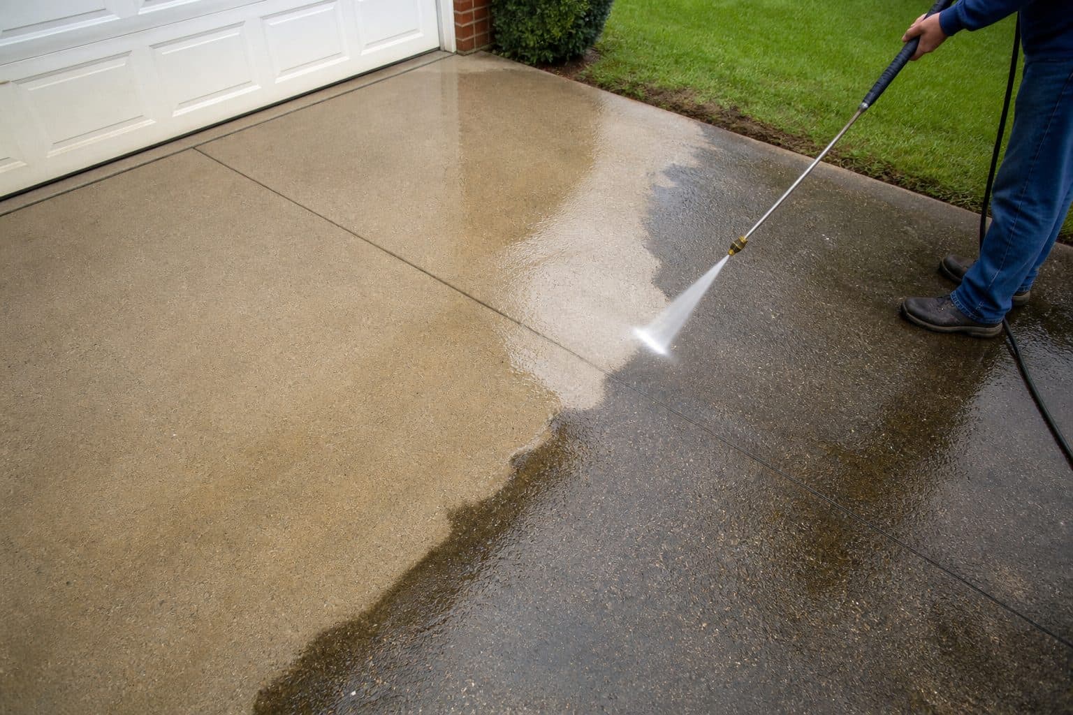 Concrete driveway being pressure washed with a clean-versus-dirty split