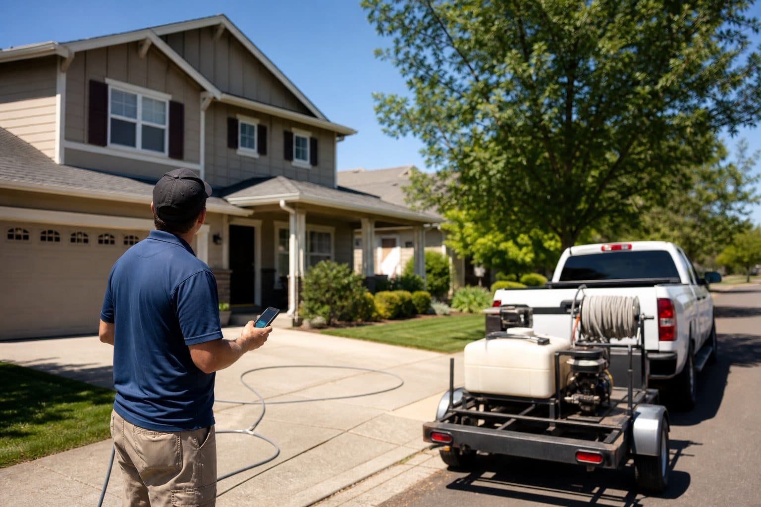 Pressure washing operator quoting a two-story house from the driveway