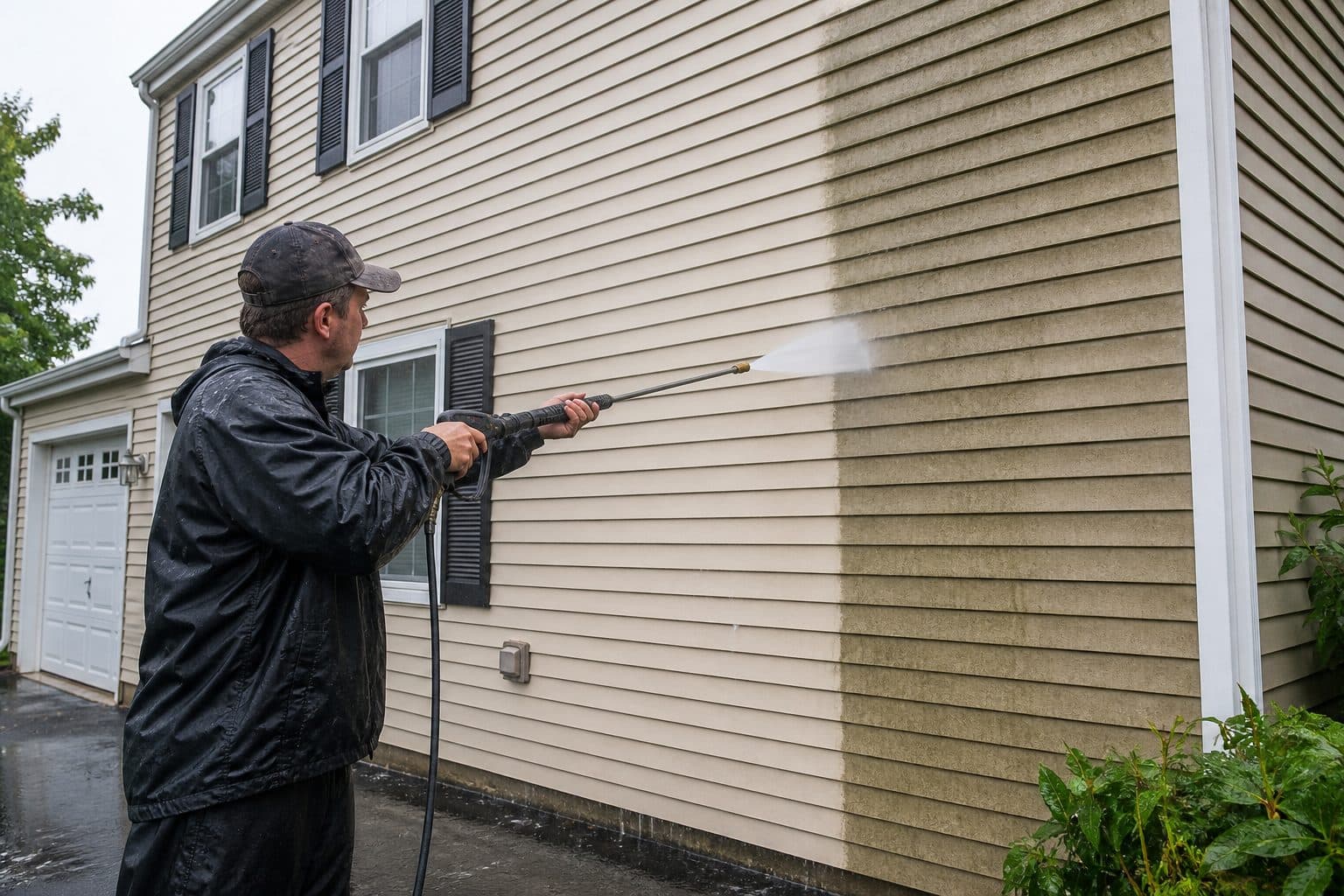 House siding being pressure washed with a sharp clean-versus-dirty line