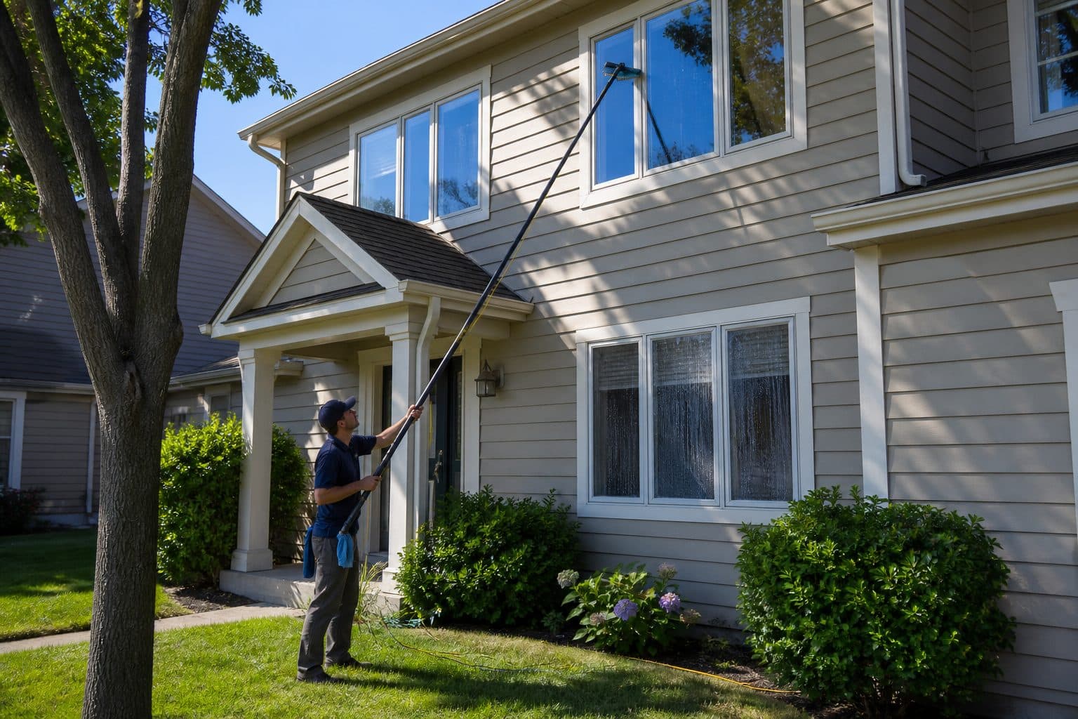Window cleaner using a water-fed pole on a two-story suburban home
