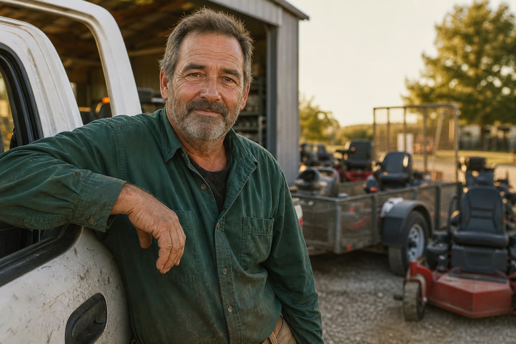 Lawn care shop owner leaning on his pickup, looking at the camera