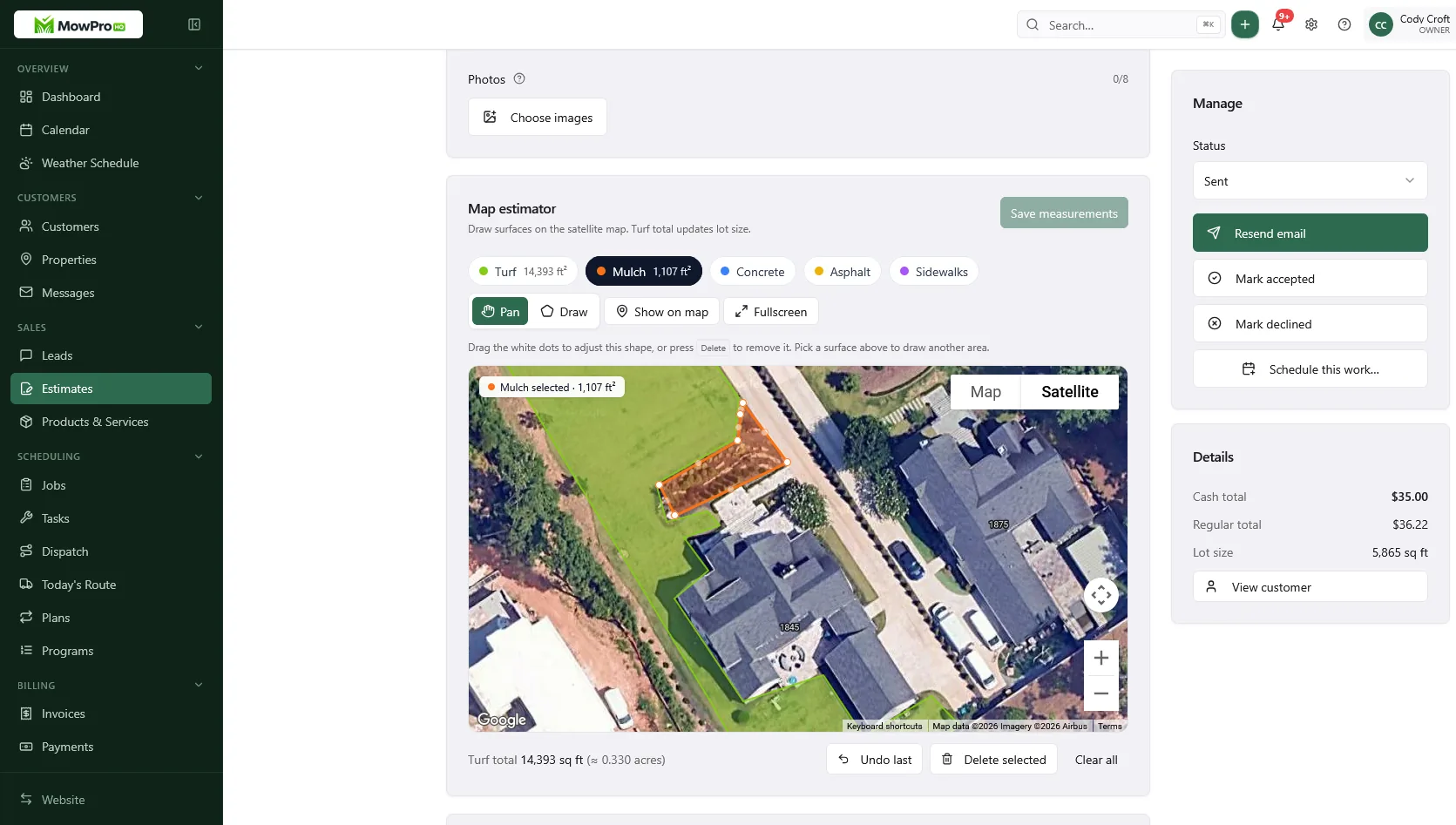 Estimate with satellite measurement — use House, not turf, for pest