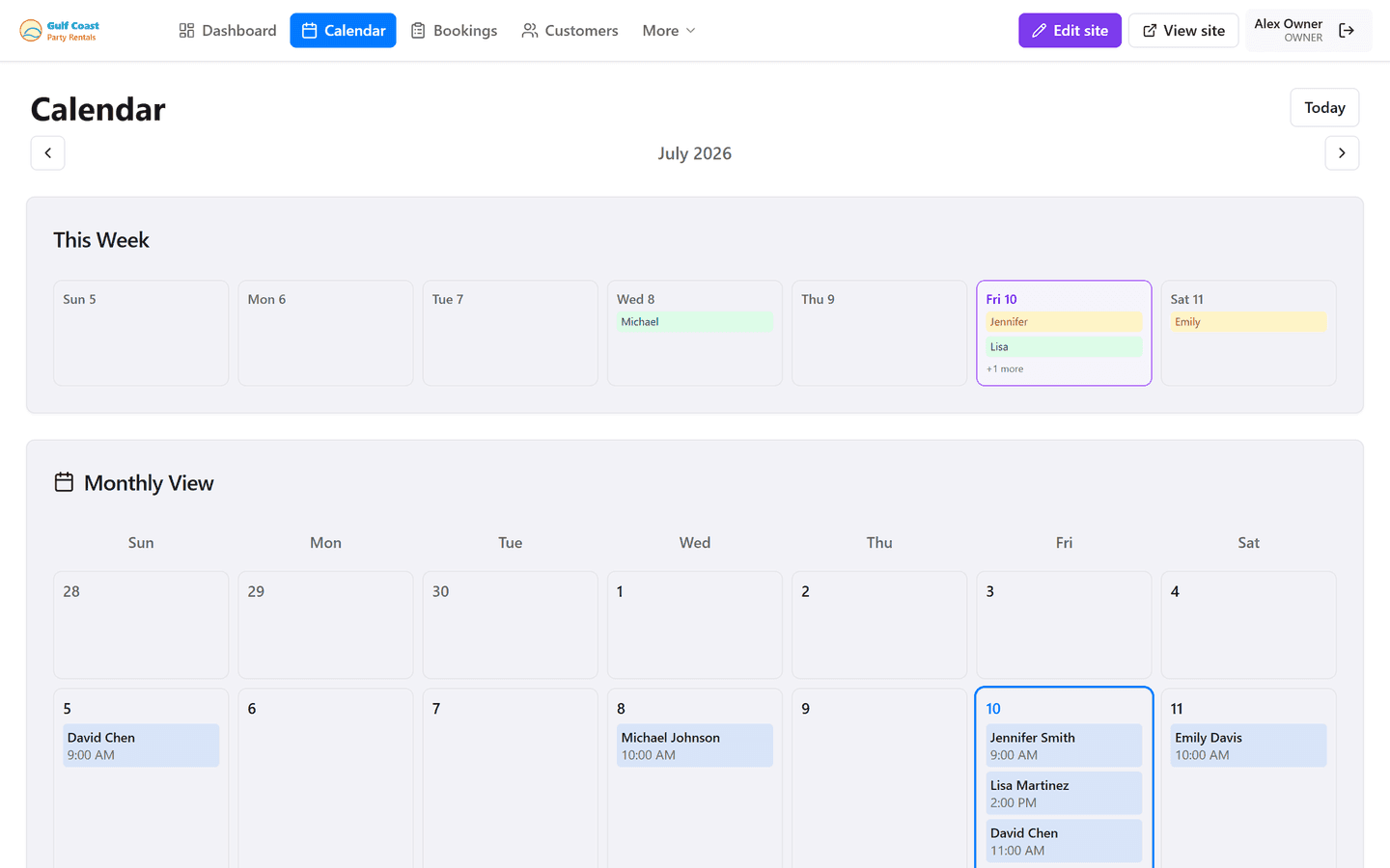 MowProHQ calendar view for lawn care jobs