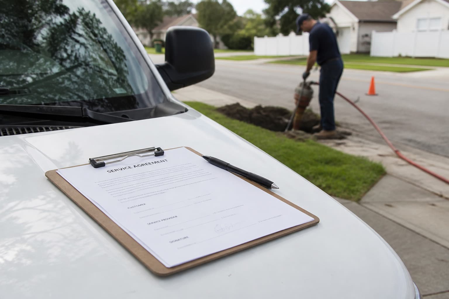 Service agreement on a clipboard at a work truck