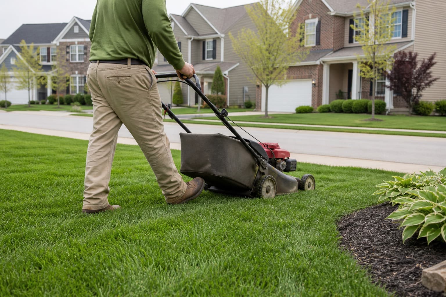 Lawn care operator mowing a suburban front yard with a walk-behind mower