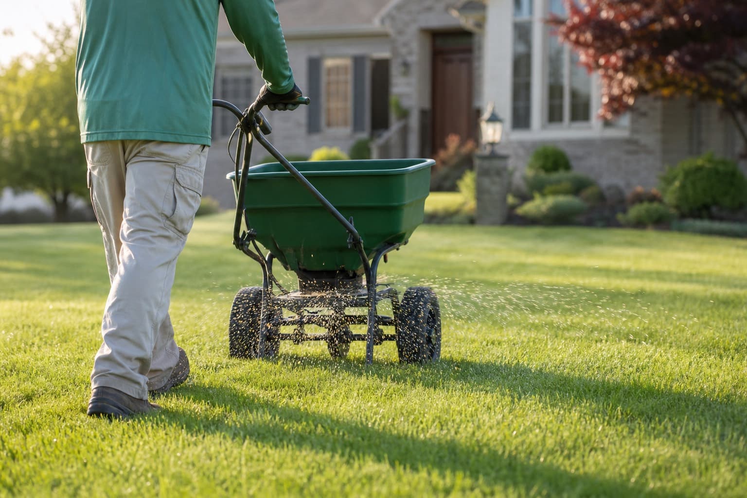 Operator walking a broadcast spreader across a maintained lawn