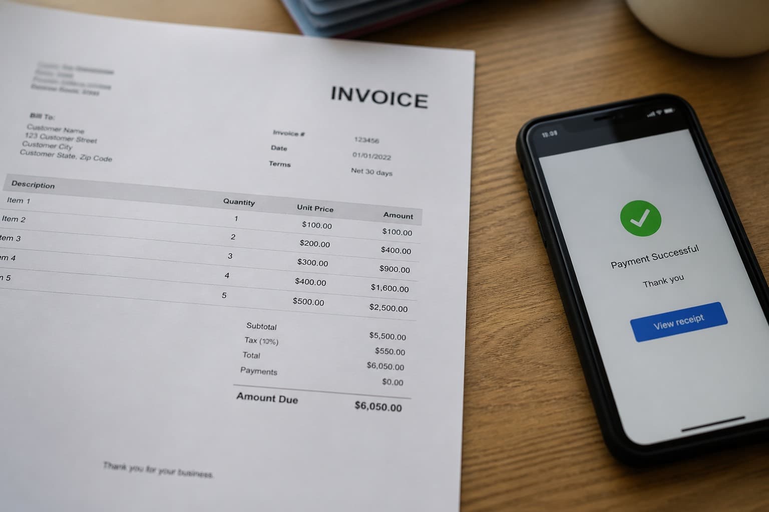 Printed invoice and phone payment on a wooden desk