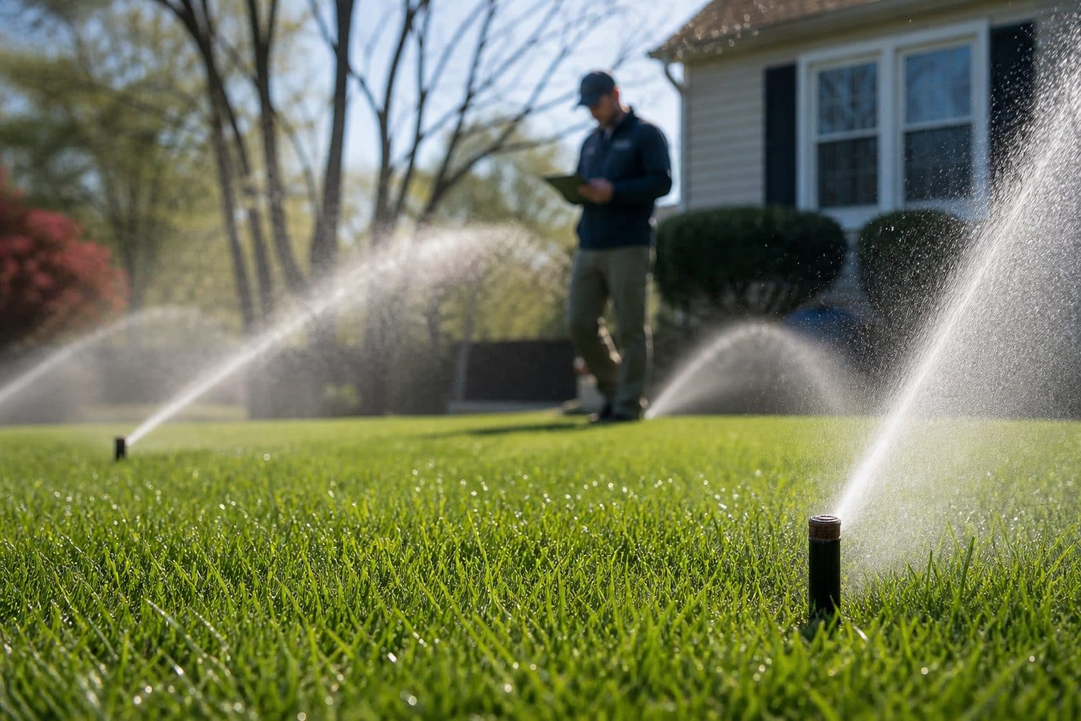 Pop-up sprinkler heads arcing water over a green lawn during a spring startup