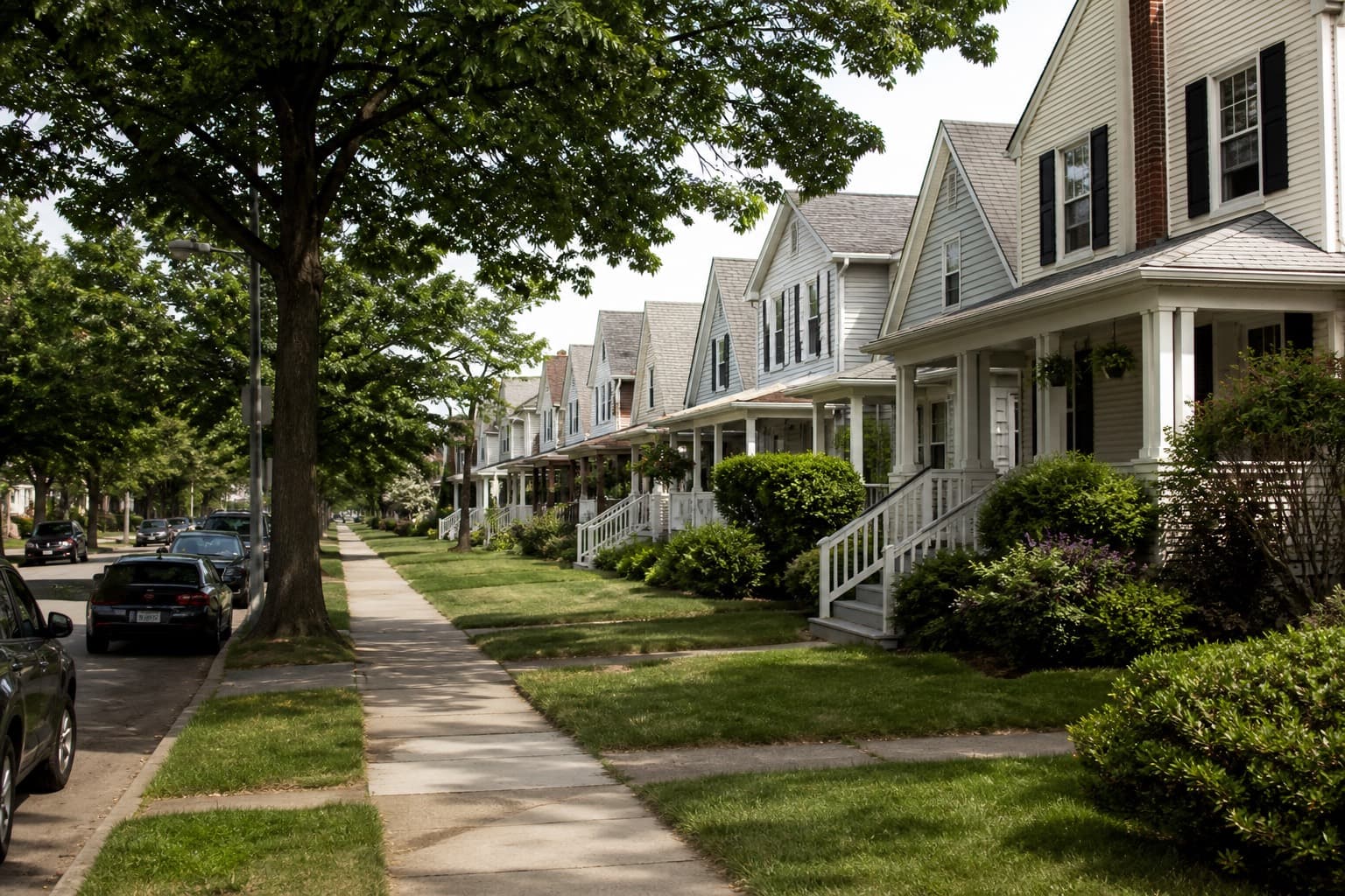 Dense suburban street of similar houses and lawns on one route