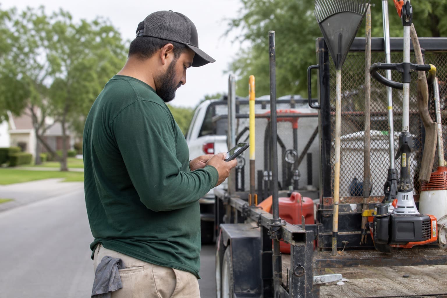 Crew member checking the next stop on a phone beside a work truck