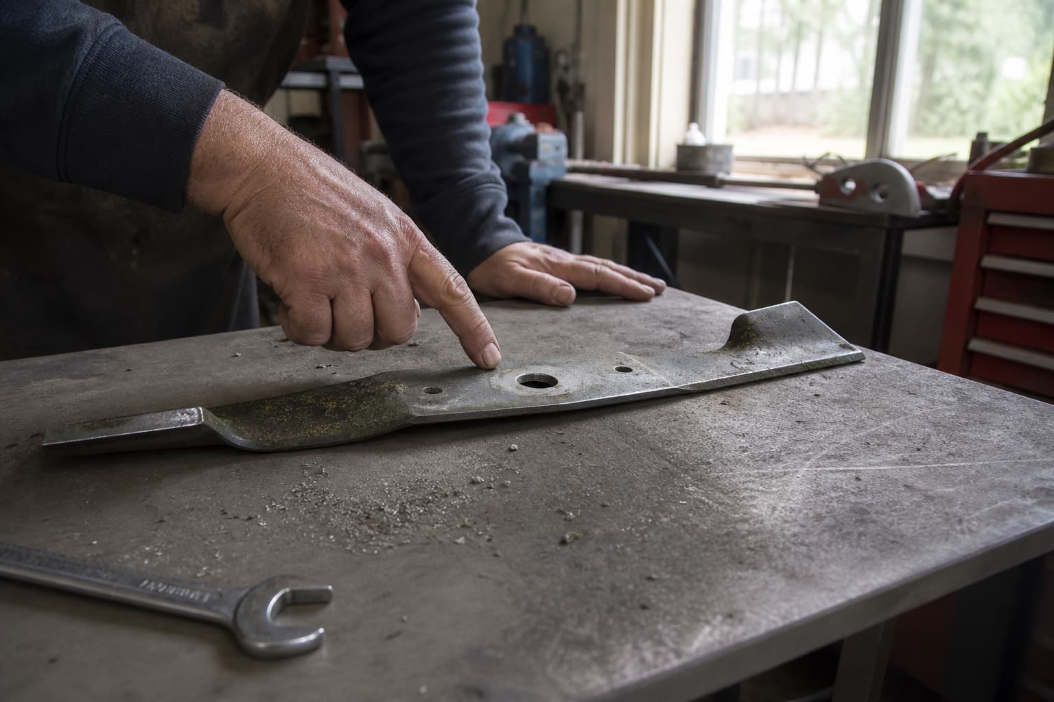Lawn mower blades on a shop bench during maintenance