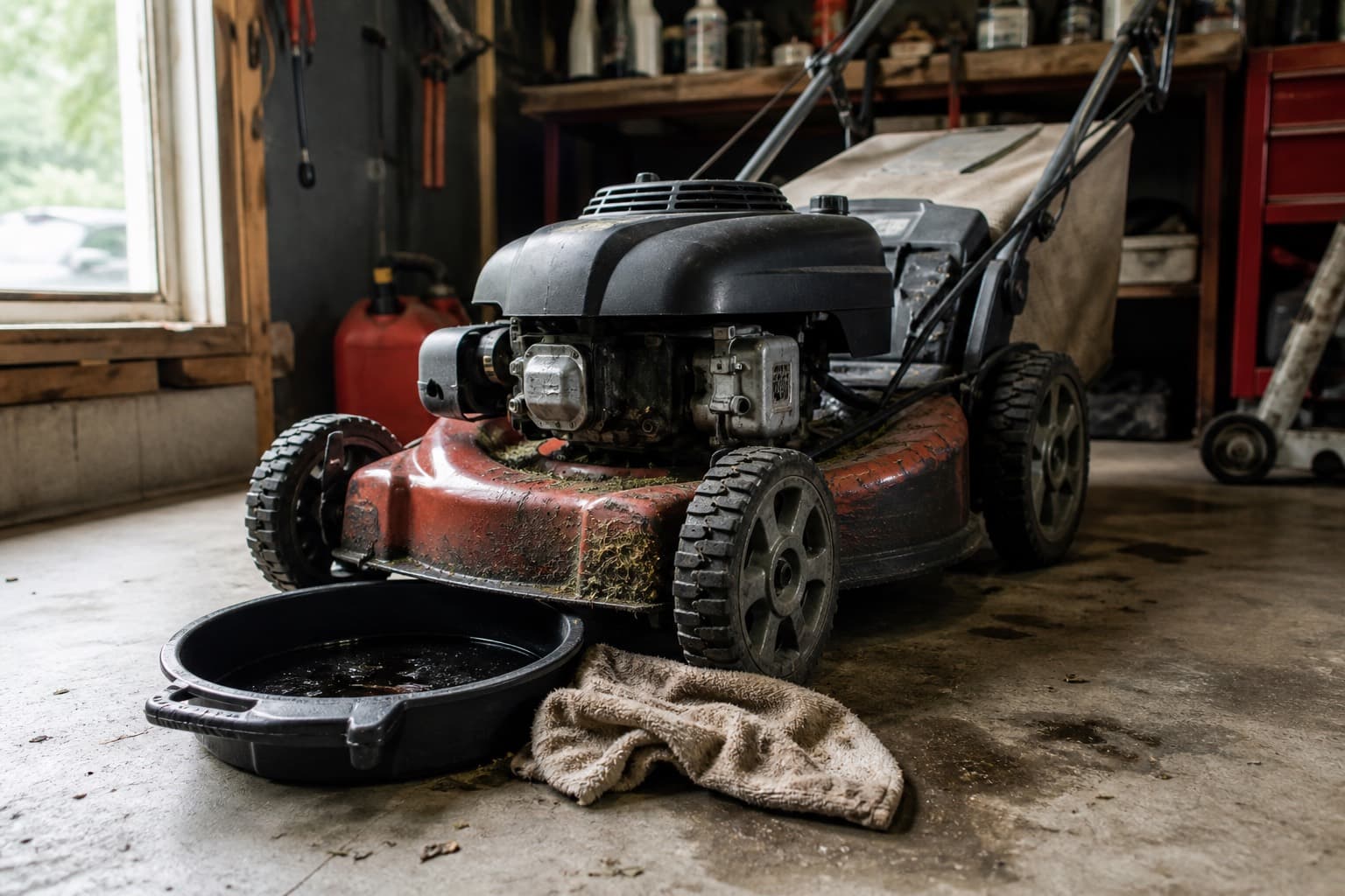Walk-behind mower on the shop floor during service