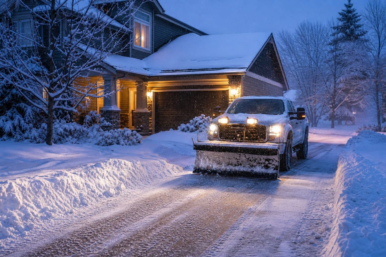 Pickup with a plow clearing a suburban driveway at dawn after a snowstorm