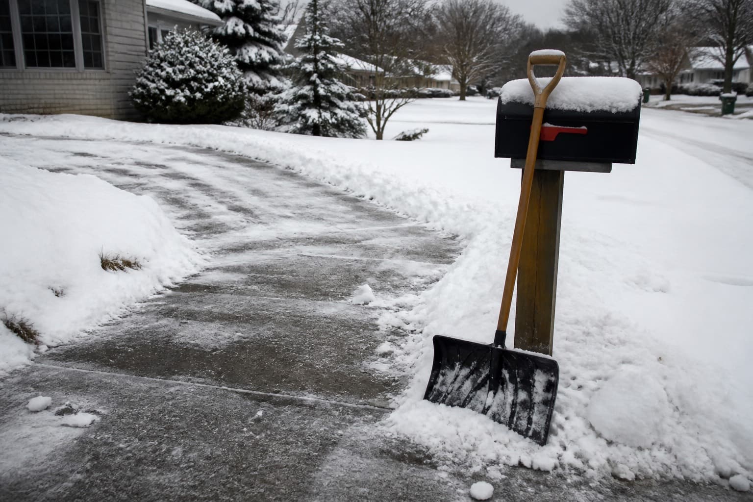 Snow-covered driveway that is a different product than mowing