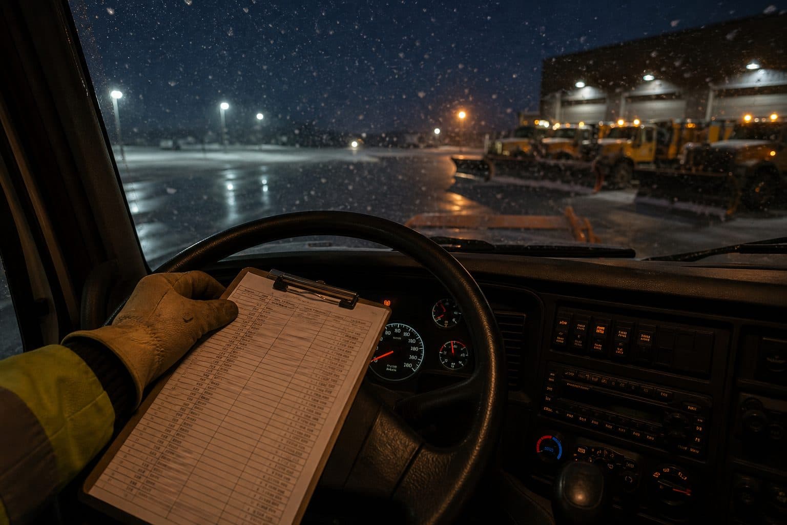 Plow-truck cab at night with a property list ready before a storm