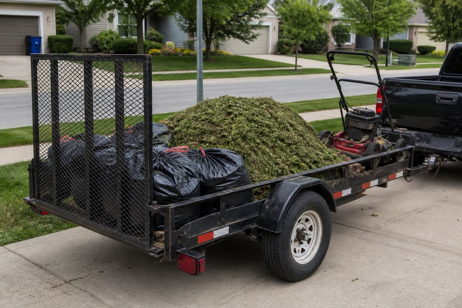 Landscape trailer loaded with clippings and a mower before a dump run
