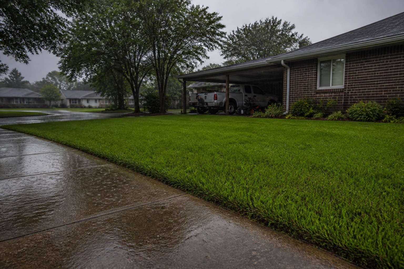 Rain falling on a wet suburban lawn and sidewalk during a weather delay