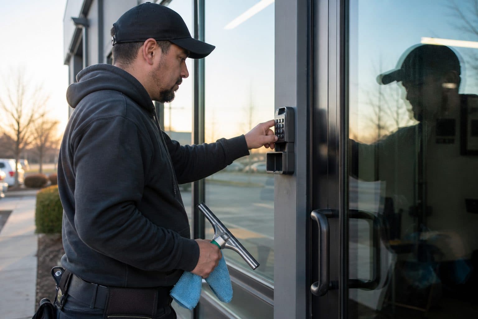 Window technician unlocking a commercial glass door with a lockbox