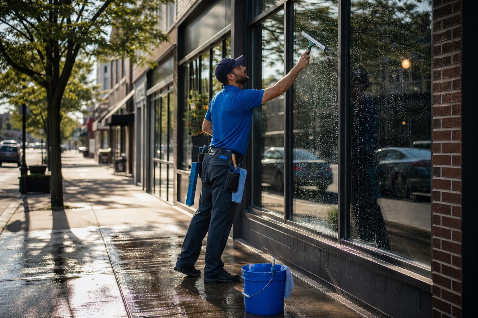 Window cleaner finishing plate-glass storefront windows on a main street