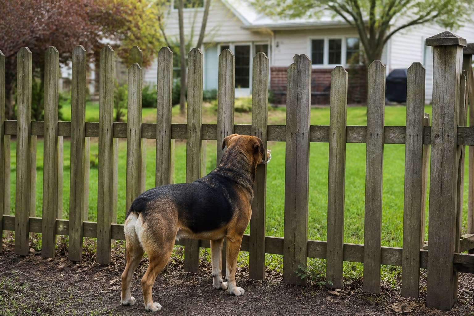 Dog behind a backyard fence on a mow stop