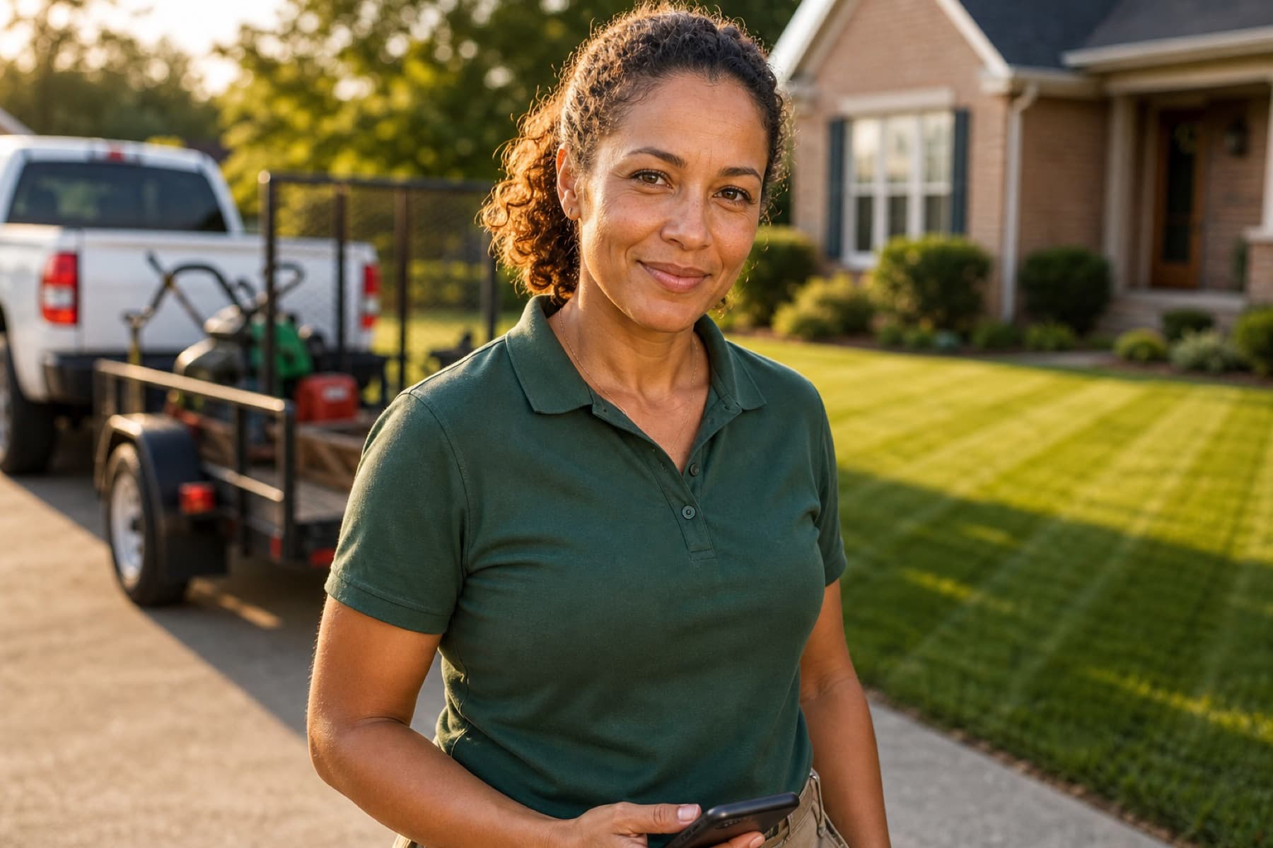 Lawn care owner standing in a driveway with her phone, looking at the camera