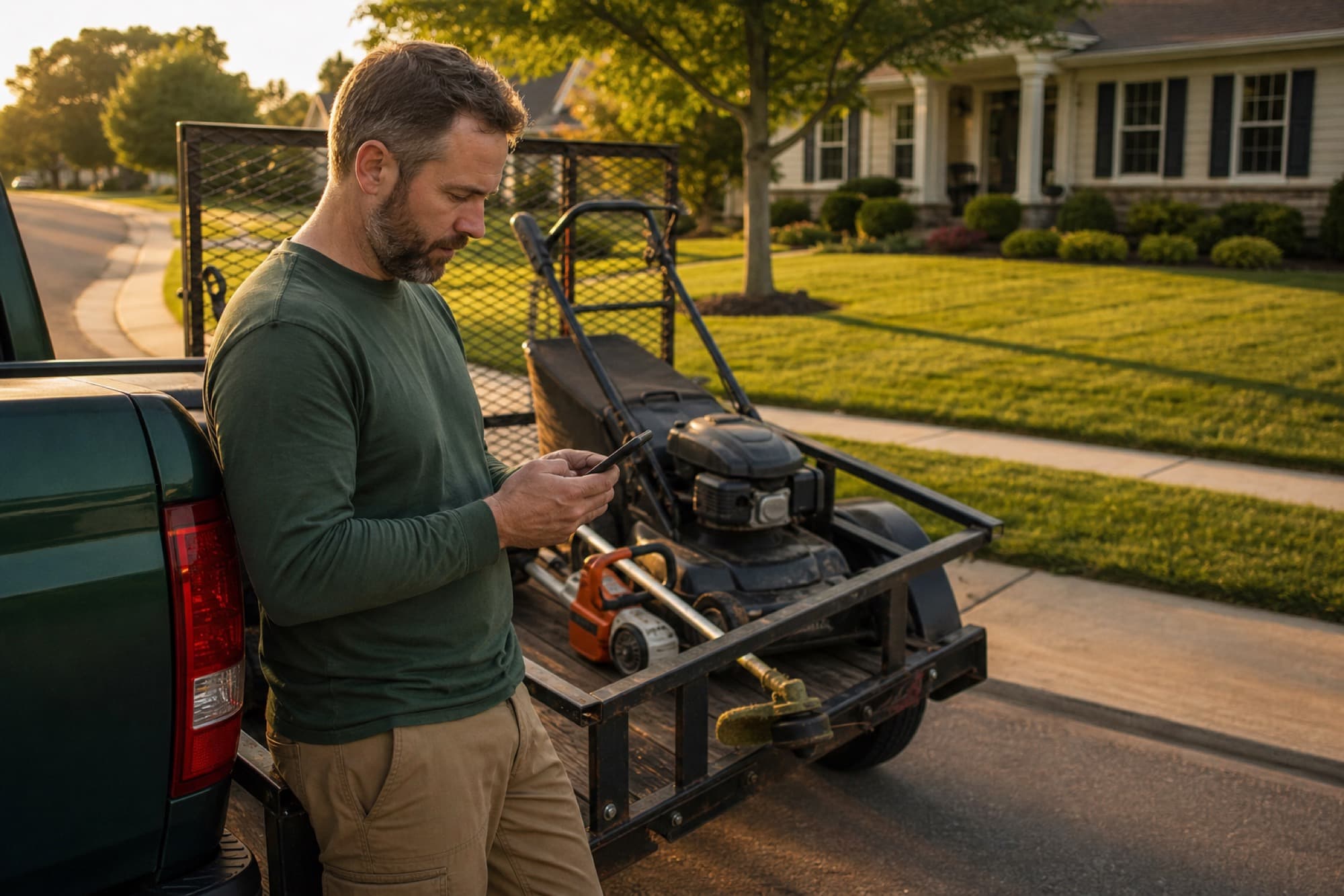 Lawn care owner checking a phone beside the truck after finishing a suburban yard