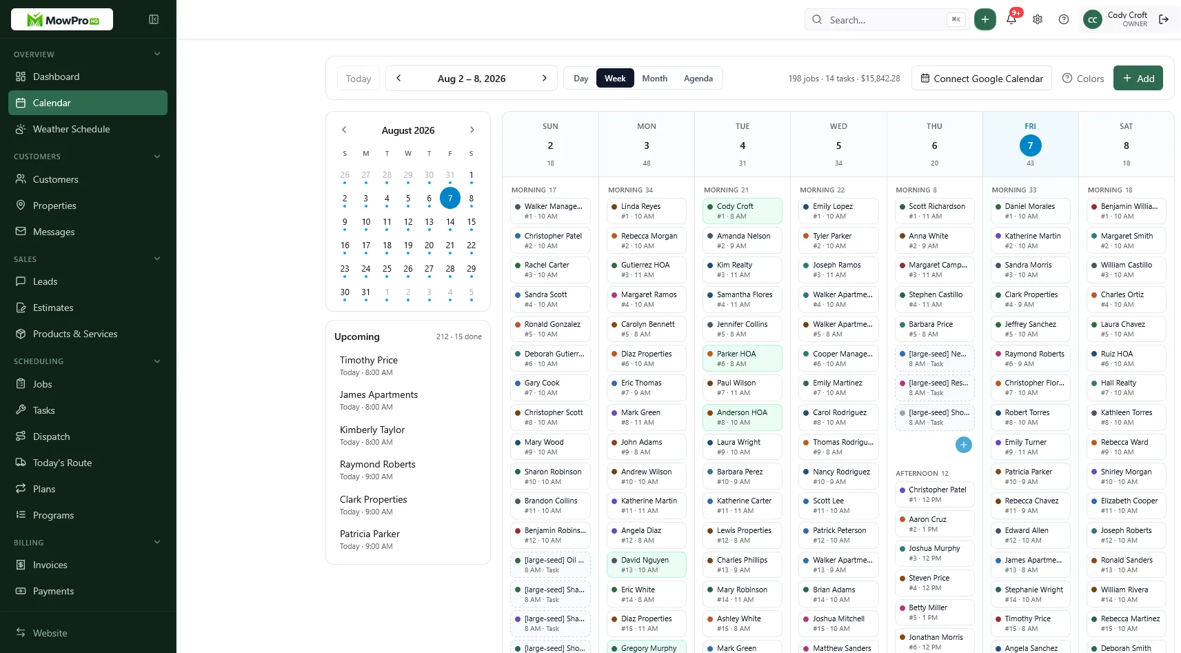 MowProHQ week calendar with irrigation startup jobs instead of a rebuilt spreadsheet
