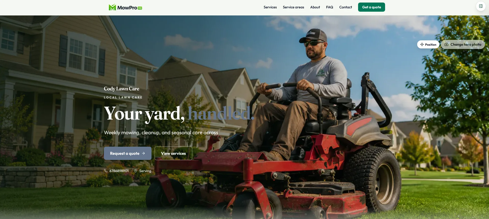 Cody Lawn Care public website built with MowProHQ, showing the hero, quote button, and service areas