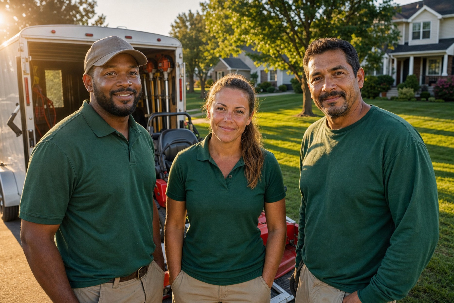Lawn care crew looking at the camera beside their trailer after a residential route
