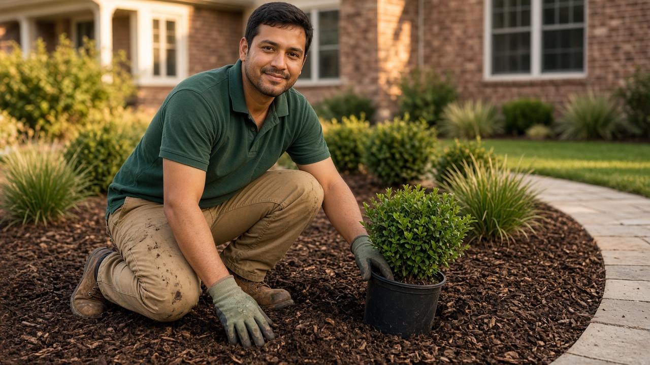 Landscaper kneeling in a mulch bed with a shrub, looking at the camera in front of a suburban house