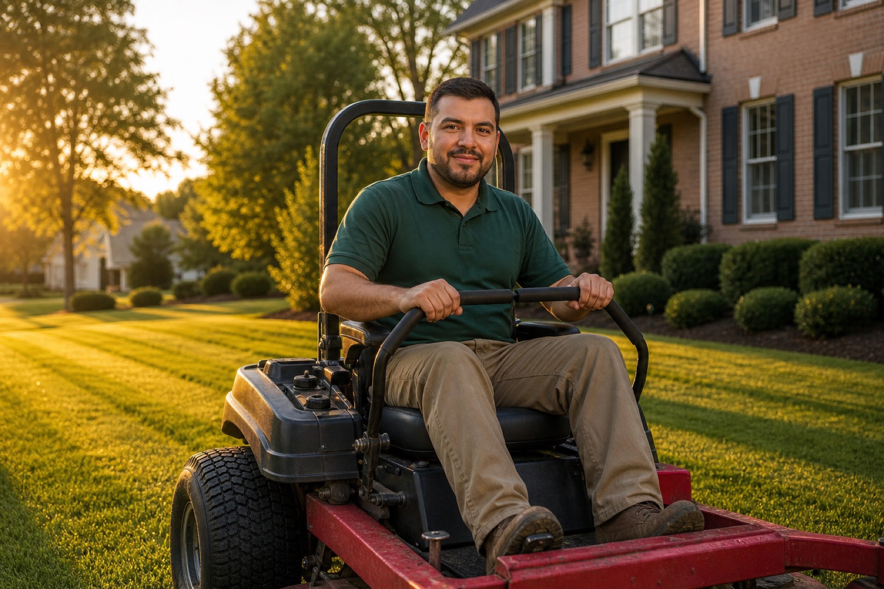 Lawn care operator on a zero-turn mower looking at the camera after finishing a striped lawn